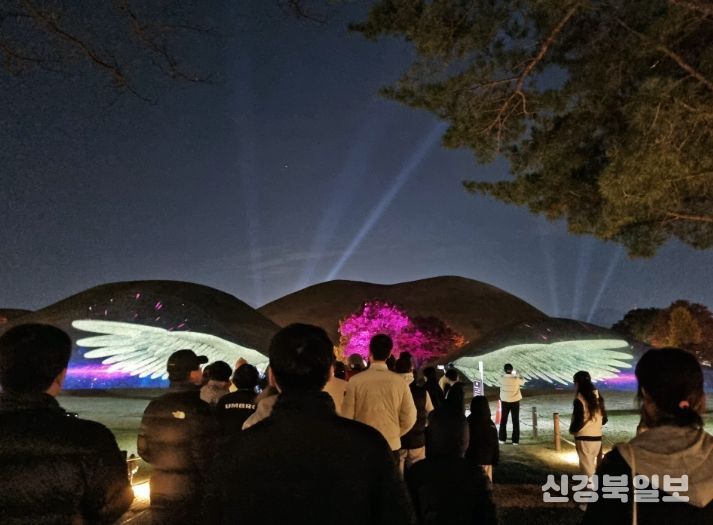 대릉원 일원에서 열린 ‘2025 국가유산 미디어아트 경주 대릉원’ 행사에서 관람객들이 고분에 투사된 미디어아트 영상을 감상하고 있다.